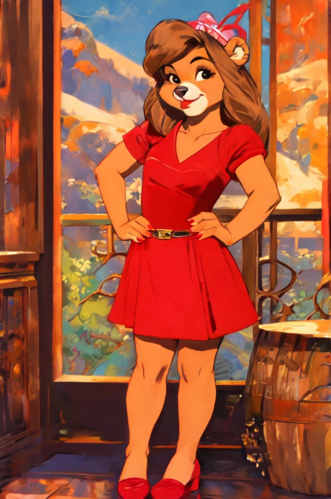 fashionable 60s young lady bear, red_dress, girlfriend, wife, cute pose, Art by Robert McGinnis