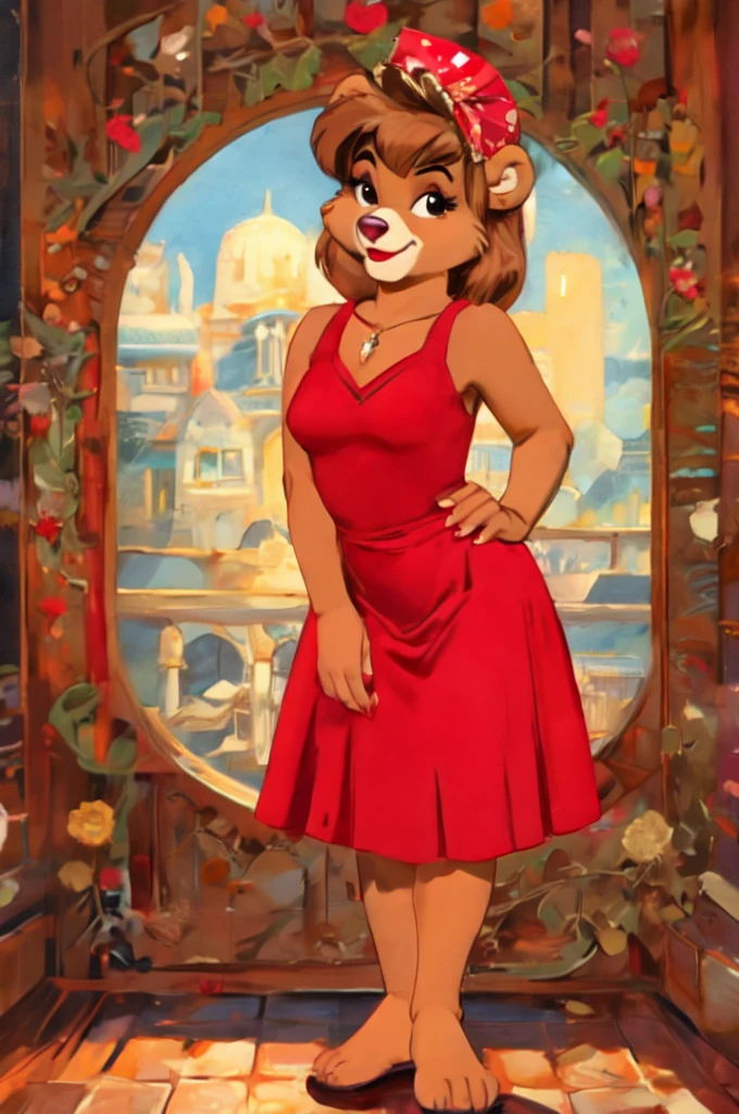 fashionable 60s young lady bear, red_dress, girlfriend, wife, cute pose, Art by Robert McGinnis