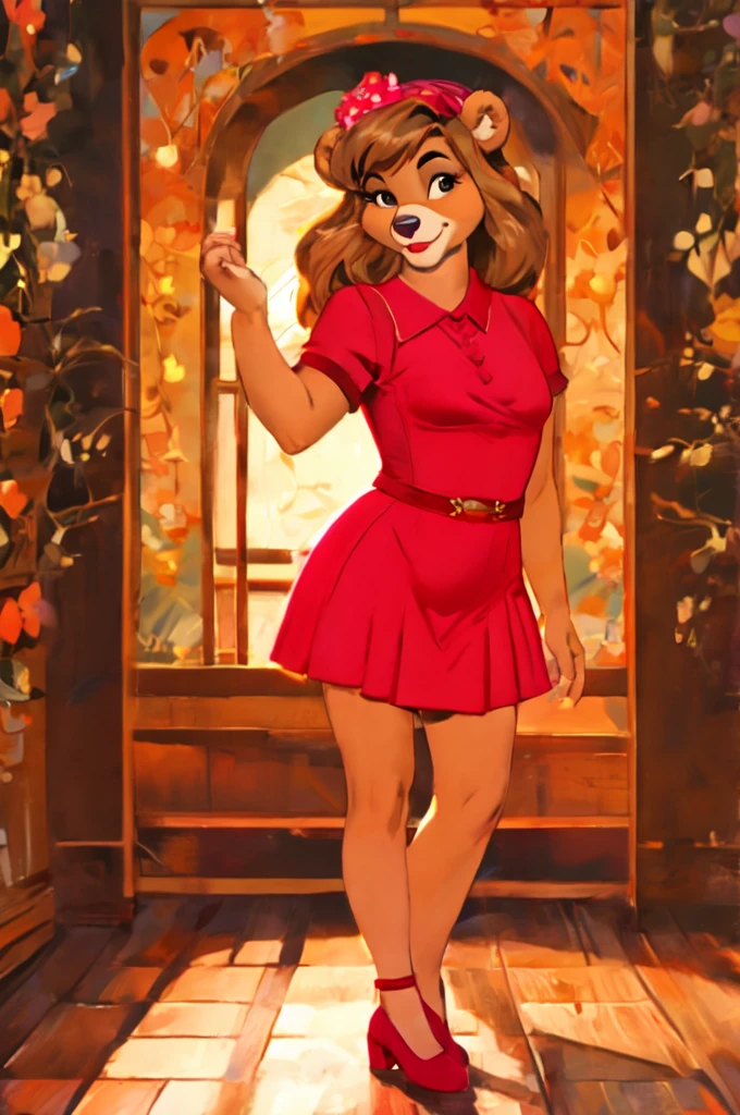 fashionable 60s young lady bear, red_dress, girlfriend, wife, cute pose, Art by Robert McGinnis