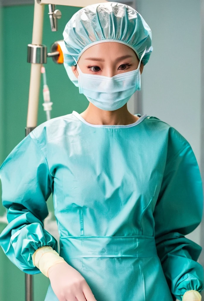 ((masterpiece, best quality, high quality)),1girl, shy eyes, cover the ears, big breasts, (hospital), infirmary, (surgical_uniform, long sleeves, long dress, latex gloves, surgical mask,surgical cap),