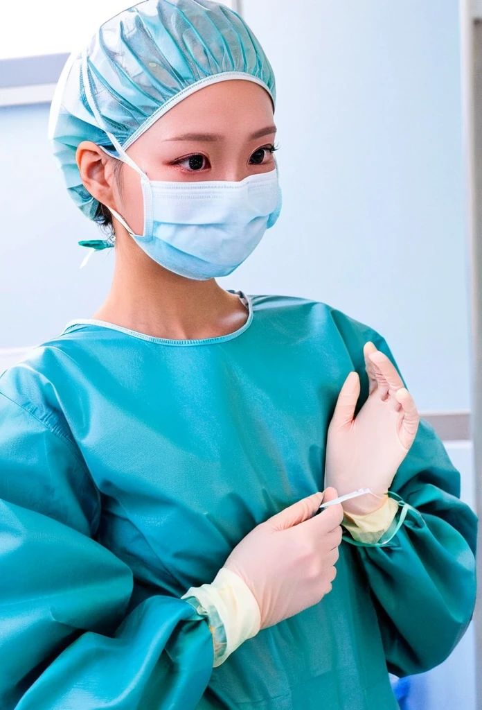 ((masterpiece, best quality, high quality)),1girl, shy eyes, cover the ears, big breasts, (hospital), infirmary, (surgical_uniform, long sleeves, long dress, latex gloves, surgical mask,surgical cap),