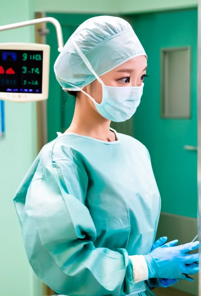 ((masterpiece, best quality, high quality)),1girl, shy eyes, cover the ears, big breasts, (hospital), infirmary, (surgical_uniform, long sleeves, long dress, latex gloves, surgical mask,surgical cap),