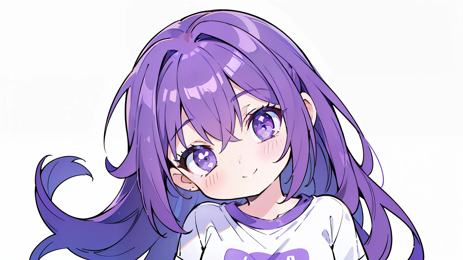 masterpiece, beautiful detailed, (head tilt:1.2), (Oversized T-shirt), violet theme, violet Eyes, violet hair, long hair, 1girl, light smile, looking at viewer, looking ahead, from above, medium breasts, hair scrunchie, ((no background:1.4)), ,(((bold outline))), limited palette
