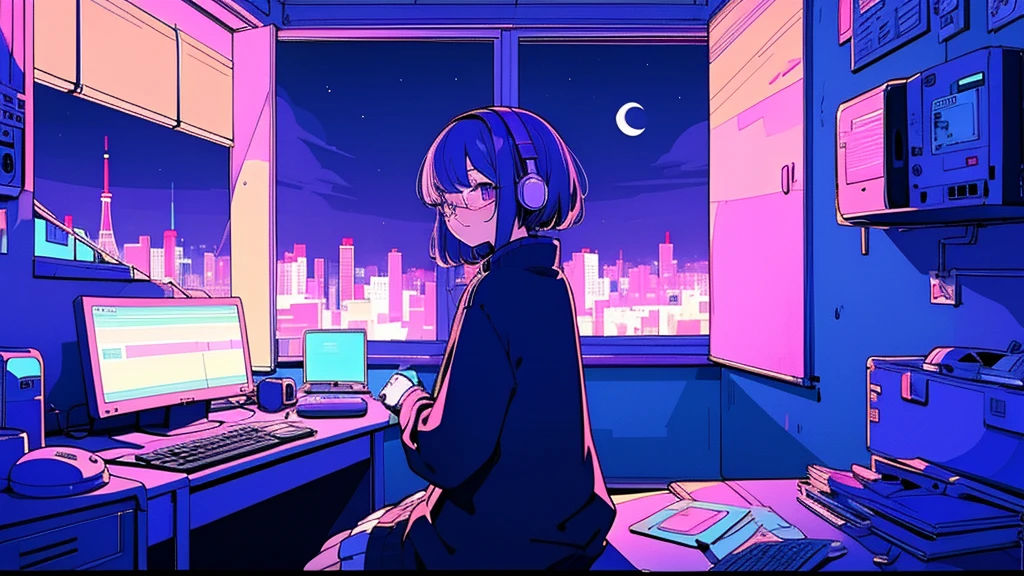 (from behind), Anime girl sitting in front of a computer in a cozy bedroom, Girl listening to music while studying in a cozy room (night), Using headphones, on the roof, (beautiful night views from windows), lots of things, 2D anime style, The aesthetics of anime in the 90s, lo-fi, very detailed, Hard disk, A mix of anime style and Fujifilm, surreal, 8K, masterpiece, violet eyes,black gloves, round glasses, long sleeves,violet hair, round glasses, Flat Chest, smile