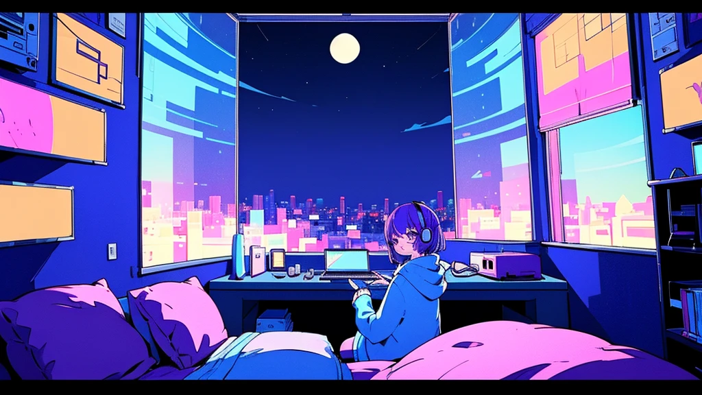 (from behind), Anime girl sitting in front of a computer in a cozy bedroom, Girl listening to music while studying in a cozy room (night), Using headphones, on the roof, (beautiful night views from windows), lots of things, 2D anime style, The aesthetics of anime in the 90s, lo-fi, very detailed, Hard disk, A mix of anime style and Fujifilm, surreal, 8K, masterpiece, violet eyes,black gloves, round glasses, long sleeves,violet hair, round glasses, Flat Chest, smile