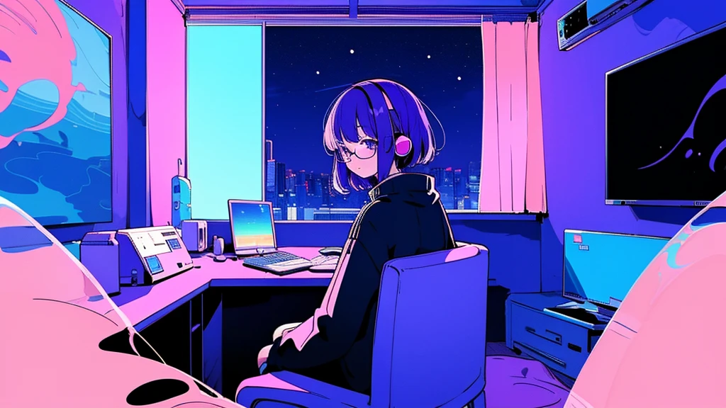 (from behind), Anime girl sitting in front of a computer in a cozy bedroom, Girl listening to music while studying in a cozy room (night), Using headphones, on the roof, (beautiful night views from windows), lots of things, 2D anime style, The aesthetics of anime in the 90s, lo-fi, very detailed, Hard disk, A mix of anime style and Fujifilm, surreal, 8K, masterpiece, violet eyes,black gloves, round glasses, long sleeves,violet hair, round glasses, Flat Chest, smile