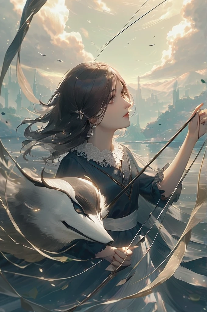 ((Лучшее качество)), ((шедевр)), (подробный), a man with dark hair fished the heart of a girl with long dark hair out of the lake on a spinning rod