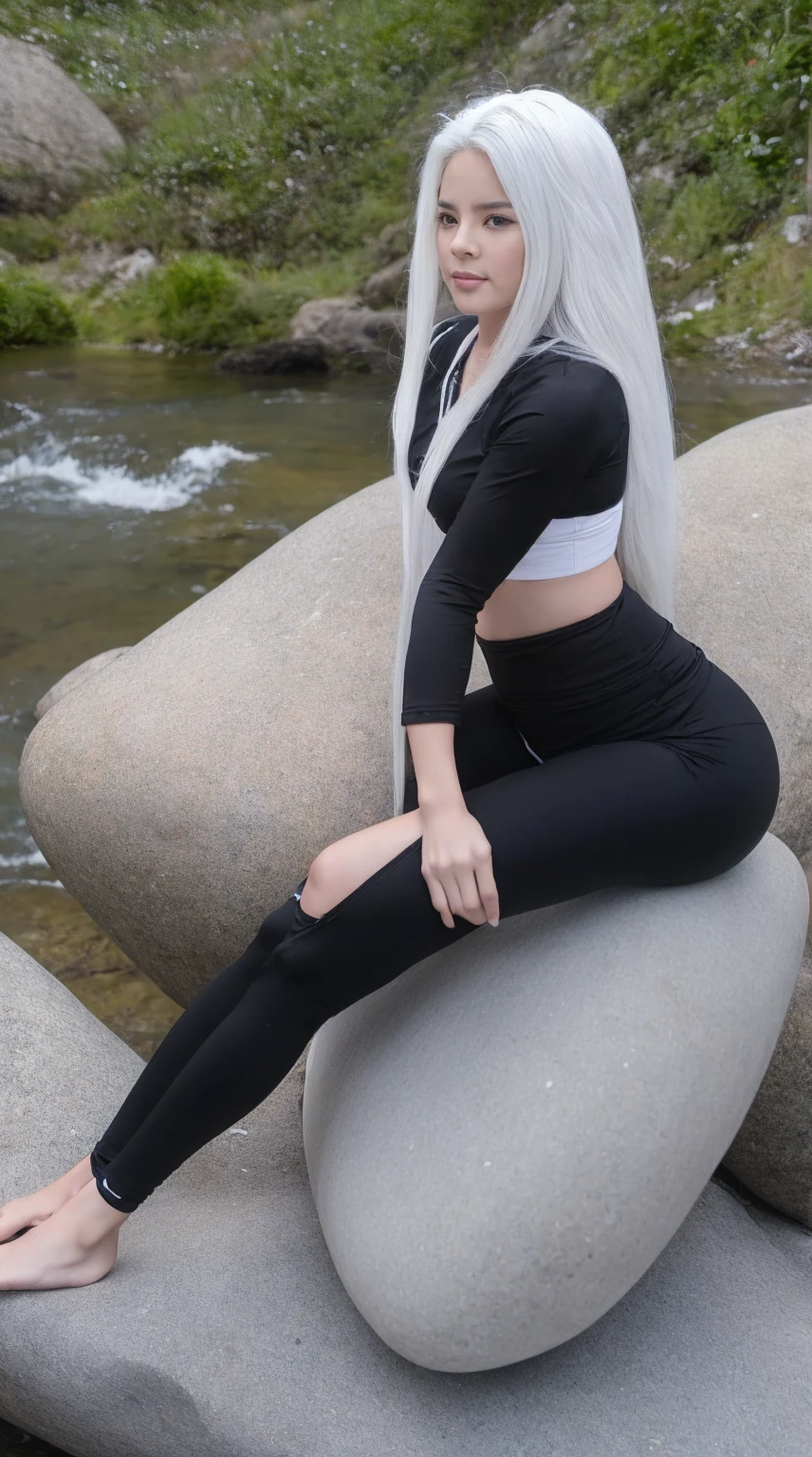 Young woman with white hair, wide hips and thin waist, sitting on a rock