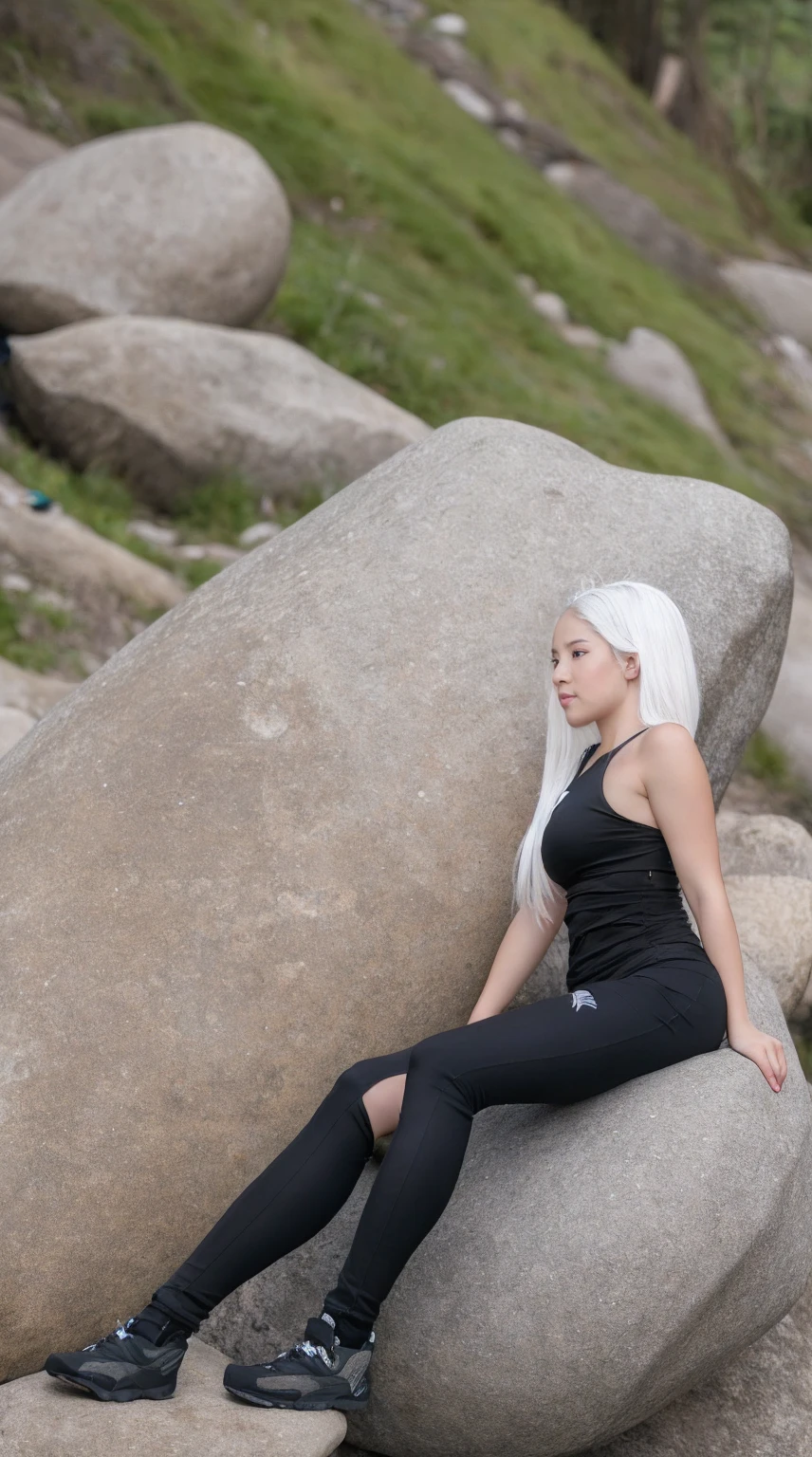 Young woman with white hair, wide hips and thin waist, sitting on a rock