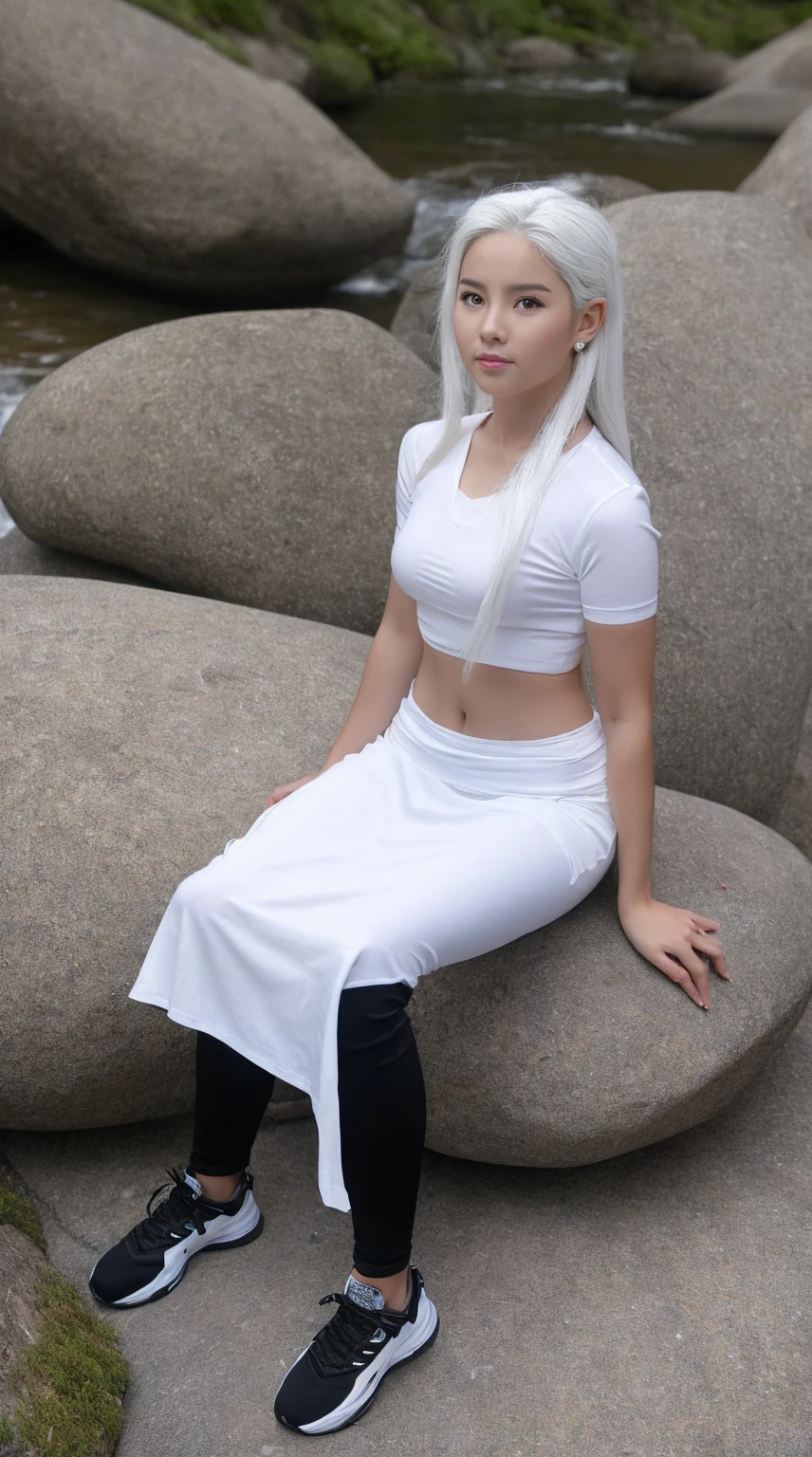 Young woman with white hair, wide hips and thin waist, sitting on a rock