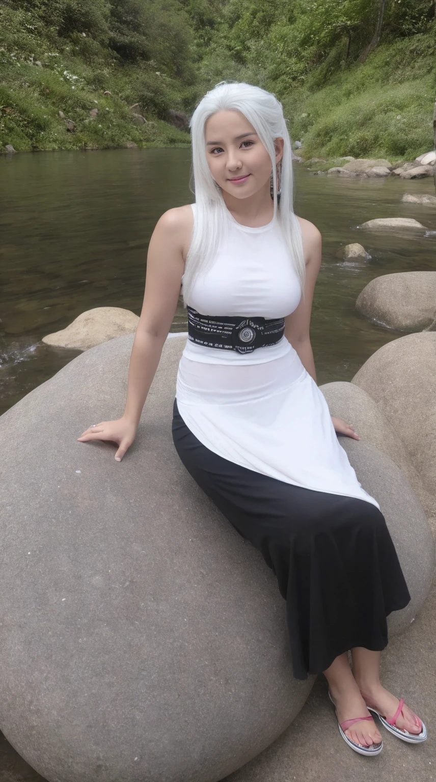 Young woman with white hair, wide hips and thin waist, sitting on a rock