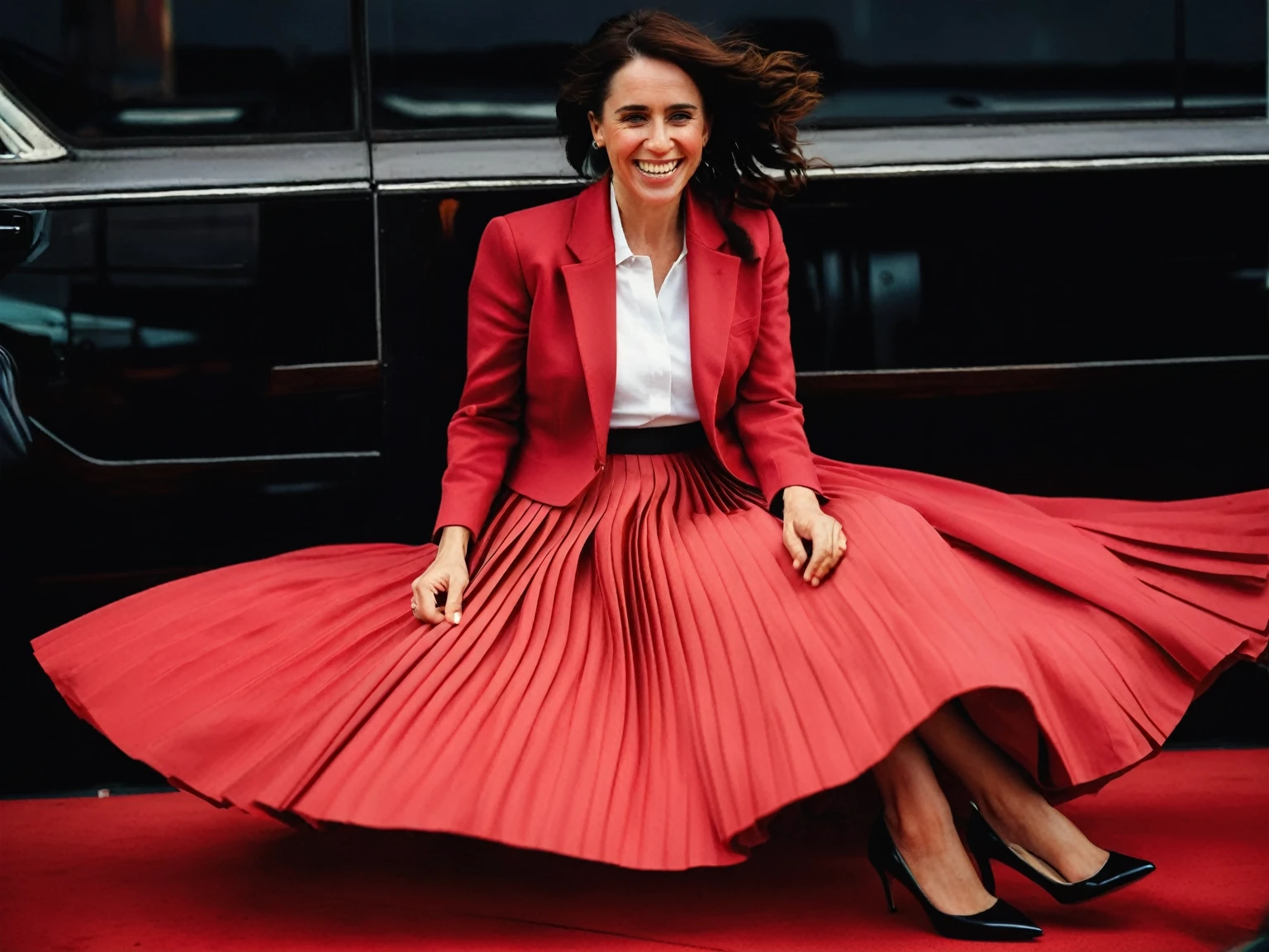 Insatiable Skirt lover and kind, shy woman Jacinda Ardern has Intense Orgasming love for her skirt, sitting and wearing (long pleated full circle skirt), uniform jacket and strapless low pump office shoes, (pronounced (feminine) features), (very windy), skirt is flowing wildly in the wind, inside a spaceship travelling through deep space, very, very intricate hyper-detailed symmetric (attractive graceful young feminine face) with (sad, tired eyes and a loving smile), very voluptuous breasts, full of empathy and compassion and love, (pronounced (feminine) features), (highly detailed ultra accurate realistic) hands and fingers, (windy), epic composition, highly detailed attributes, (35mm f1.4 Kodak portra 400 photograph), extremely high quality RAW photograph, highly detailed atmosphere, sci-fi, cinematic shot, dynamic lighting, 75mm, Technicolor, Panavision, cinemascope, sharp focus, fine details, 8k, HDR, realism, realistic, key visual, film still, superb cinematic color grading, depth of field