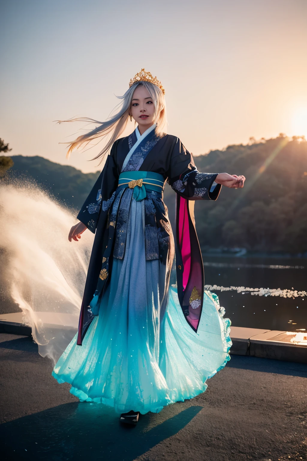 白銀の髪が風にDancing、A woman wearing a black kimono、A beautiful big round moon、A beautiful lake in the forest in the background、水滴がDancing、銀colorの髪飾りをしている、night、enamel,agate,肌colorの世界,ブラッドブルーメイデン 32k(masterpiece,Kilo,Aoyama Pond,Hyper HD,32k)Long, flowing silvery hair,Blood Pond,bloom, color,Sulky (Post Cock Scarf), Dancing, looking at the ground, Long white hair, Floating bright blue, Gold tiara with fire cloud pattern, 日本の着物の金絹の黒colorの衣服, (Abstract Metaverse Splash:1.2), White background,Peony flower, guardian of vitality(Realistically:1.4),明るい銀colorの髪,Smoke on the road,The background is pure, High resolution, detailed, RAW Photos, sharp, Nikon D850 film stock photo by Jefferies Lee 4 Kodak Portra 400 camera F1.6 shots, 豊かなcolor彩, Ultra-realistic vivid textures, Dramatic lighting, Unreal Engine Art Station Trends, Cinestia 800,A girl with long, flowing, bright silver hair,giant colorful bubbles、princess、kimono