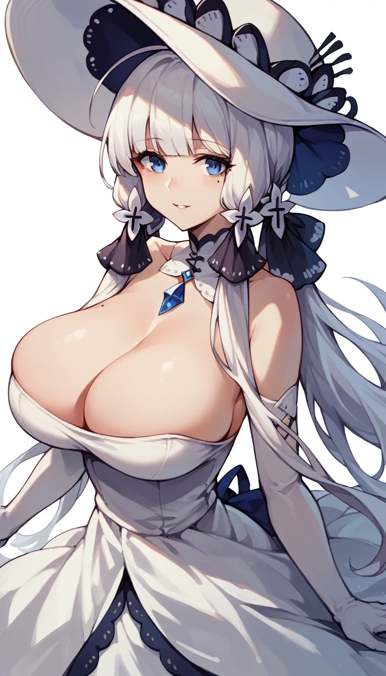 illustrious, blue eyes, hair ornament, hair ribbon, long hair, mole, mole under eye, white hair,(((big breast))), dress, elbow gloves, gloves, hat, ribbon, white dress, white gloves, white headwear,