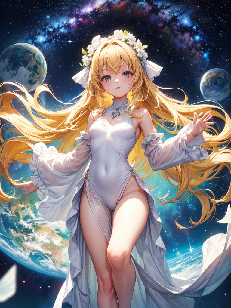 Highest quality,Highest Resolution,(((Embrace your heart with both hands)))(((Standing on top of the Earth)))Beautiful girl in a white one-piece dress,Kind Face,Light yellow medium long hair,(((universe))),front,whole body,Close ~ eyes,