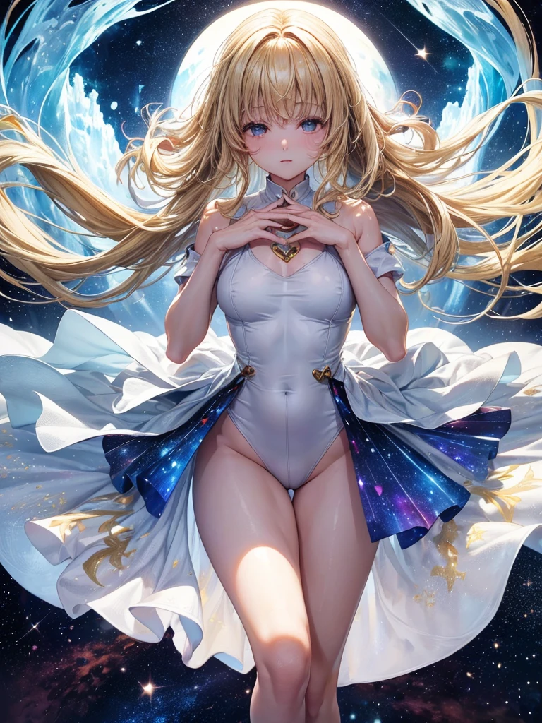 Highest quality,Highest Resolution,(((Embrace your heart with both hands)))(((Standing on top of the Earth)))Beautiful girl in a white one-piece dress,Kind Face,Light yellow medium long hair,(((universe))),front,whole body,Close ~ eyes,