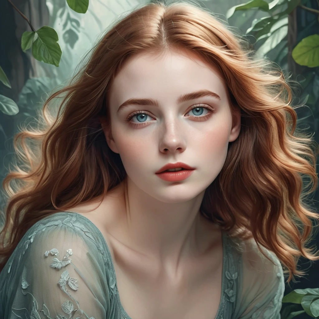 Cool thinking girl boss, with ginger hair, with wavy hair, pale skin, toned legs, (hazel-greenish eyes), long eyelashes, (naturally soft skin, defined high cheek bones), digital painting, digital illustration, extreme detail, digital art, 4k, ultra hd, (Anna Dittmann, Alyssa Monks, Gustave Dore, Jean Baptiste Monge), hyperrealism, trending on artstation, vintage photography, tumblr aesthetic, DnD fantasy, hd photography, hyperrealism