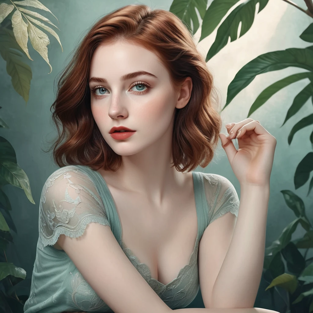 Cool thinking girl boss, with ginger hair, with wavy hair, pale skin, toned legs, (hazel-greenish eyes), long eyelashes, (naturally soft skin, defined high cheek bones), digital painting, digital illustration, extreme detail, digital art, 4k, ultra hd, (Anna Dittmann, Alyssa Monks, Gustave Dore, Jean Baptiste Monge), hyperrealism, trending on artstation, vintage photography, tumblr aesthetic, DnD fantasy, hd photography, hyperrealism