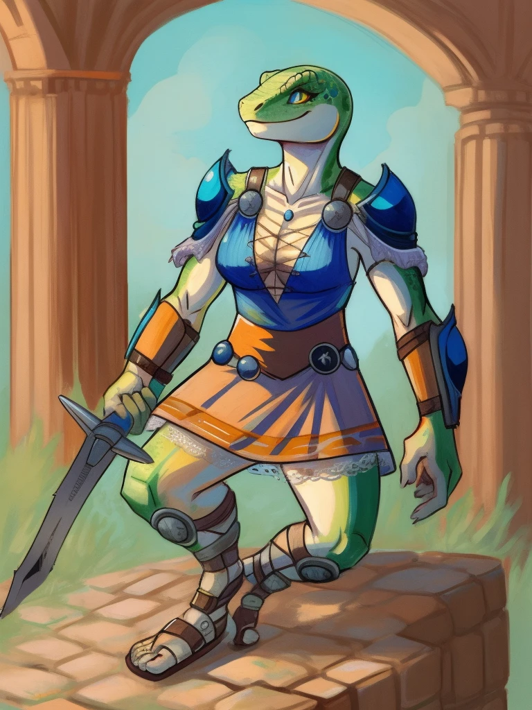 1girl, scalie, lizard_female, lizard_girl, smile, solo, wearing armor, gladiator flat sandals, gladiator skirt, humanoid feet, holding sword