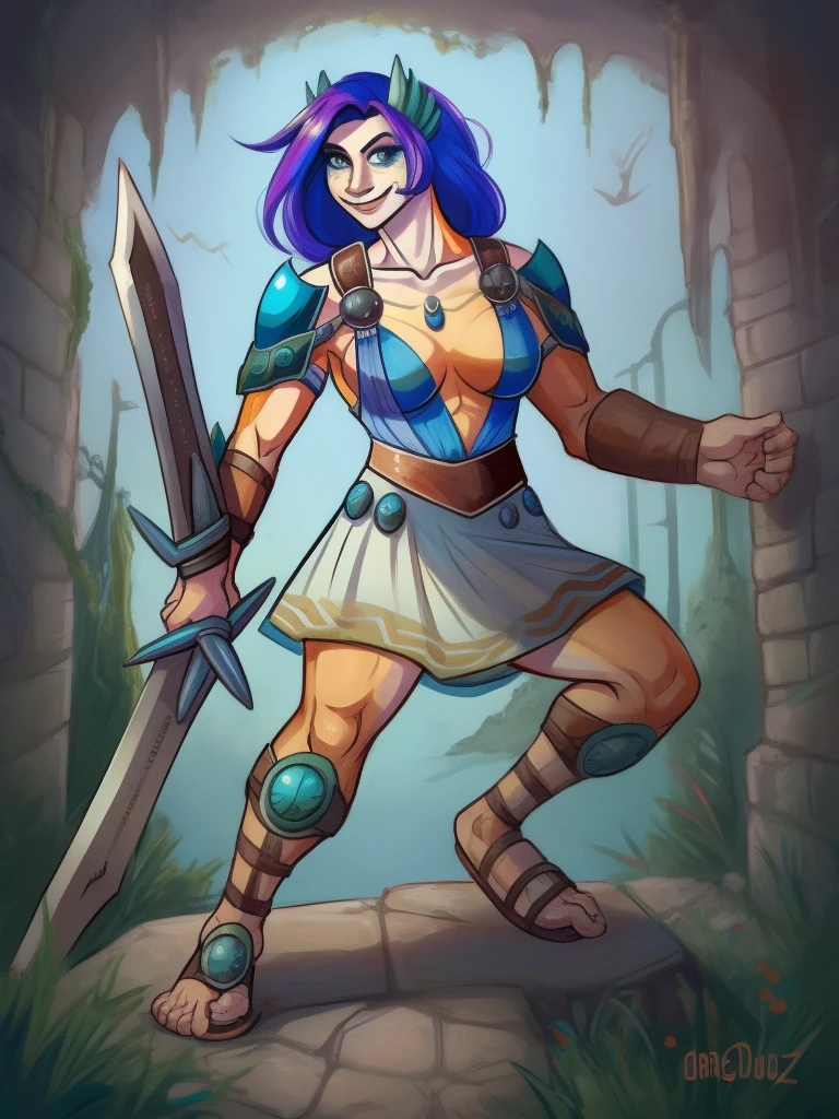 1girl, scalie, lizard_female, lizard_girl, smile, solo, wearing  armor, gladiator flat sandals, gladiator skirt, humanoid feet, holding sword