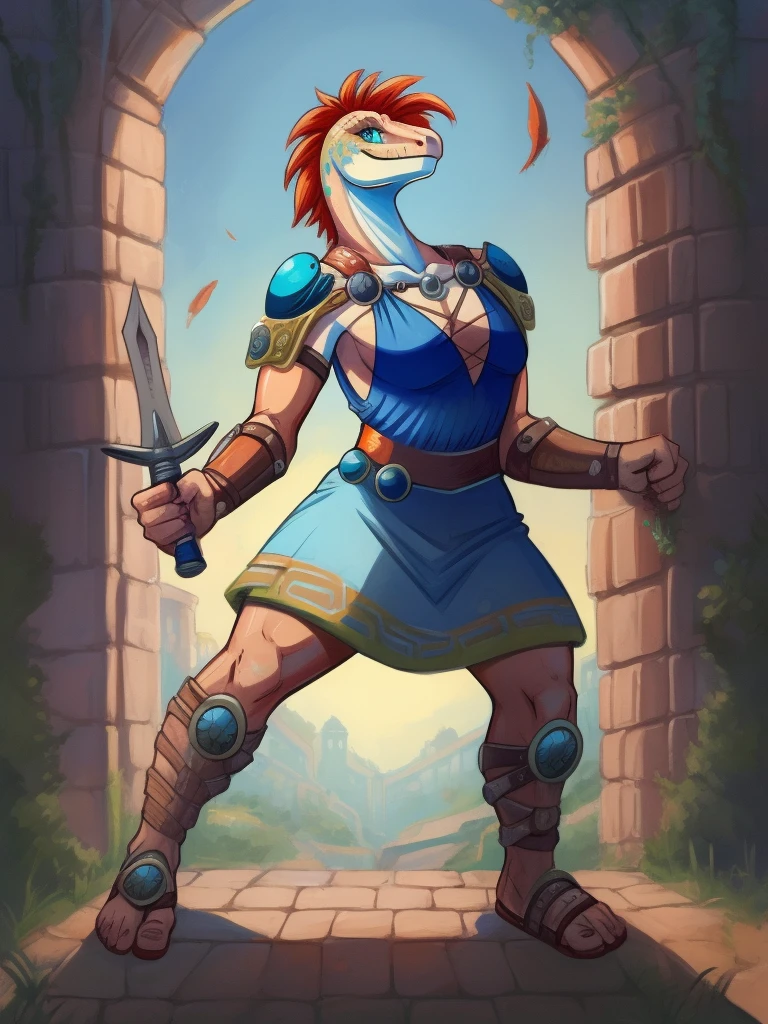 1girl, scalie, lizard_female, lizard_girl, smile, solo, wearing  armor, gladiator flat sandals, gladiator skirt, humanoid feet, holding sword