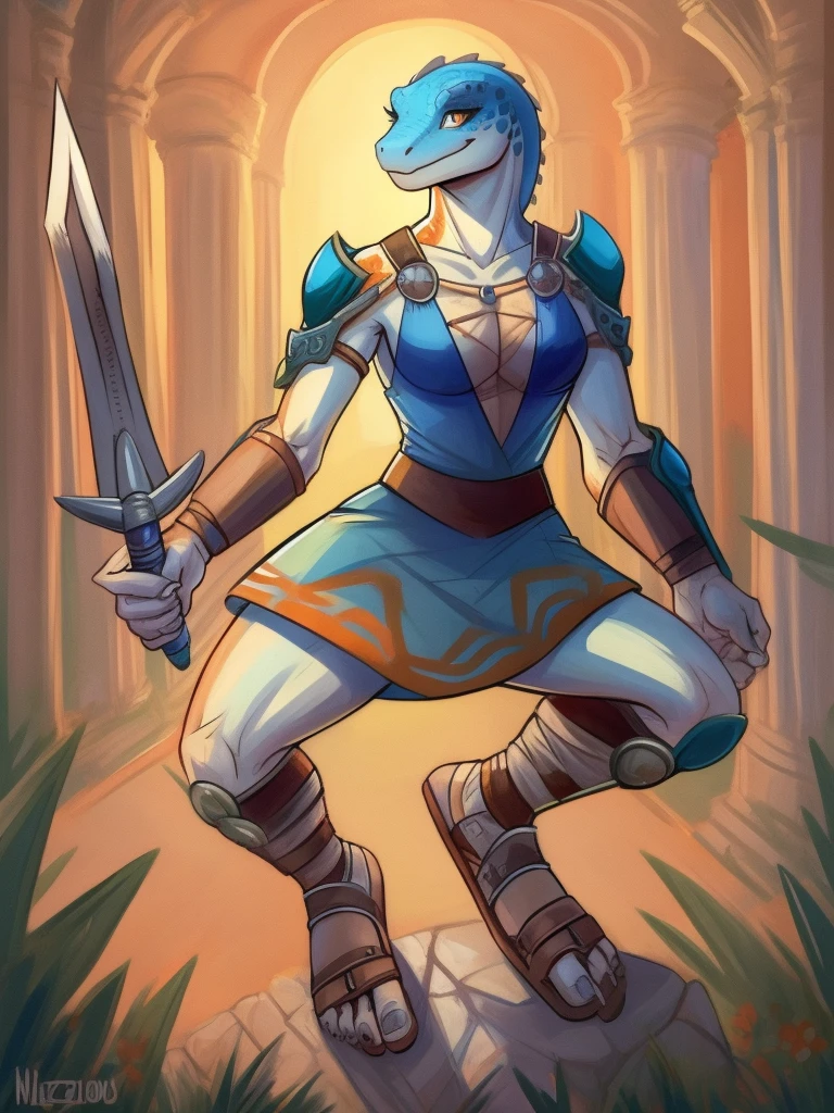 1girl, scalie, lizard_female, lizard_girl, smile, solo, wearing armor, gladiator flat sandals, gladiator skirt, humanoid feet, holding sword