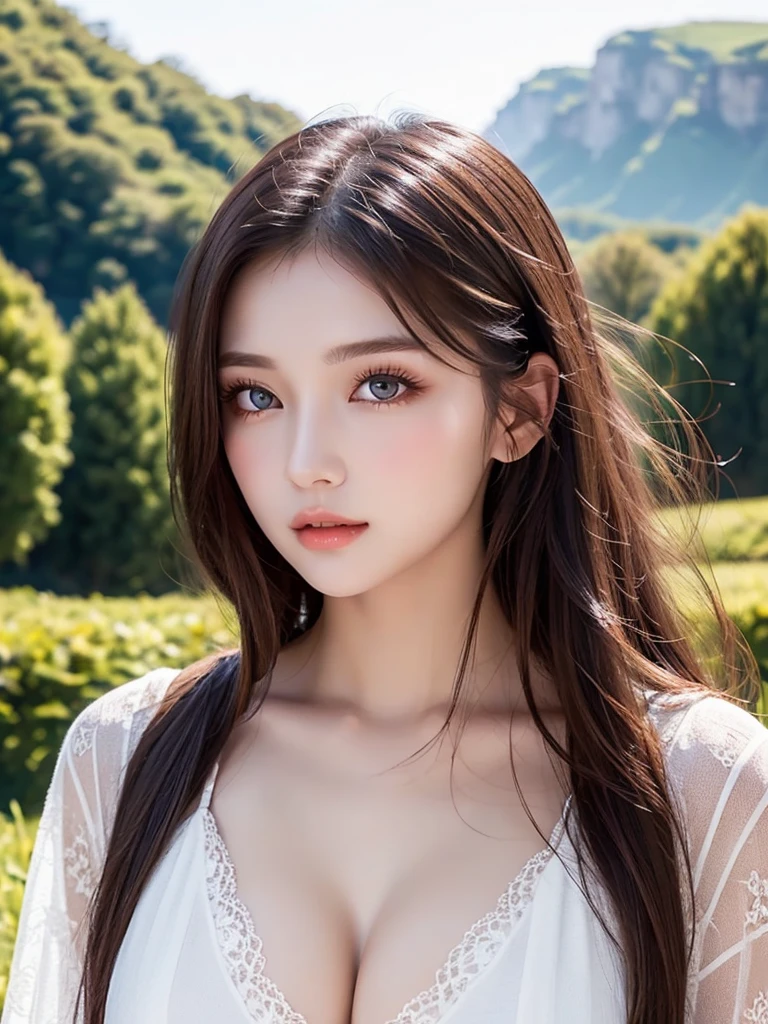 A Russian beauty、high quality、Highest quality、Well-proportioned face、Well-proportioned body、Lustrous lips、Beautiful white skin、Beautiful Eyes、Bewitching eyes、20-year-old、((Stylish clothing))、Beautifully shaped breasts、Long chestnut hair、Long eyelashes、Beautiful Landscape、