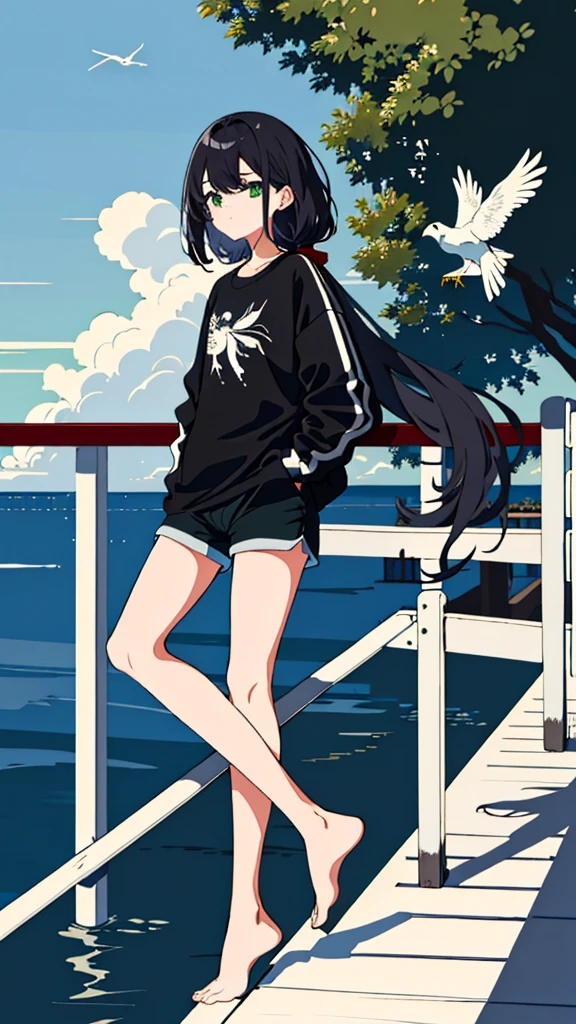 masterpiece, Exquisite detail,Highest quality, One girl, alone, handrail, cloud, 立ってNULLを見上げている,Long Hair, shoes, NULL, Long sleeve, sneakers, Power lines, White footwear, Black Hair, View your viewers, Electric pole, bangs, cloudy NULL, fish, bird, Green Eyes, Shorts, animal, Day, Black Shirt, barefoot