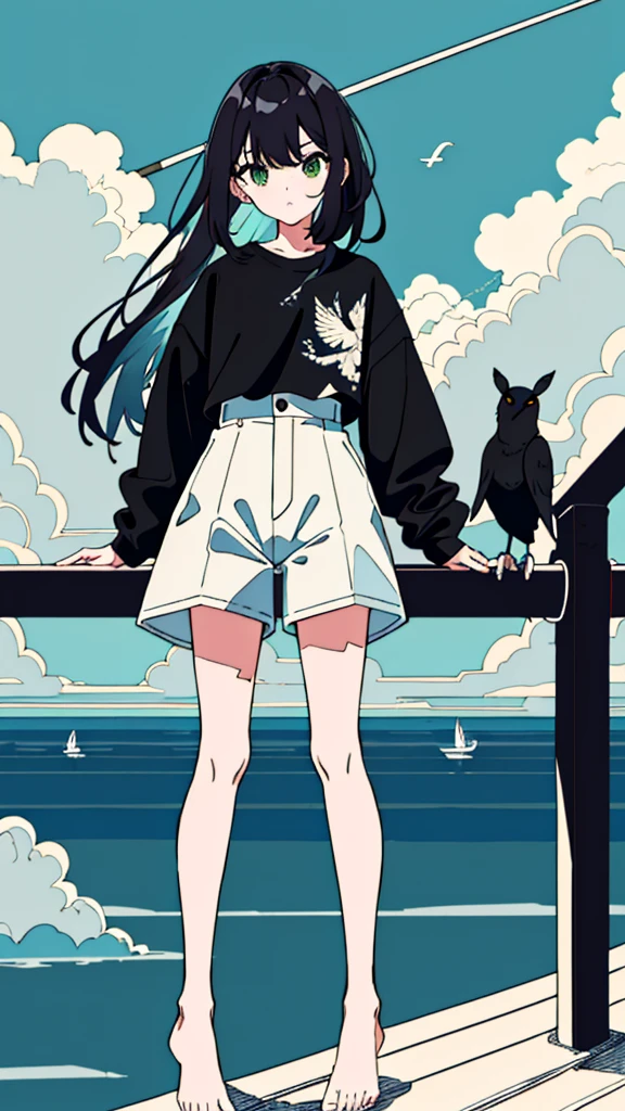 masterpiece, Exquisite detail,Highest quality, One girl, alone, handrail, cloud, 立ってNULLを見上げている,Long Hair, shoes, NULL, Long sleeve, sneakers, Power lines, White footwear, Black Hair, View your viewers, Electric pole, bangs, cloudy NULL, fish, bird, Green Eyes, Shorts, animal, Day, Black Shirt, barefoot