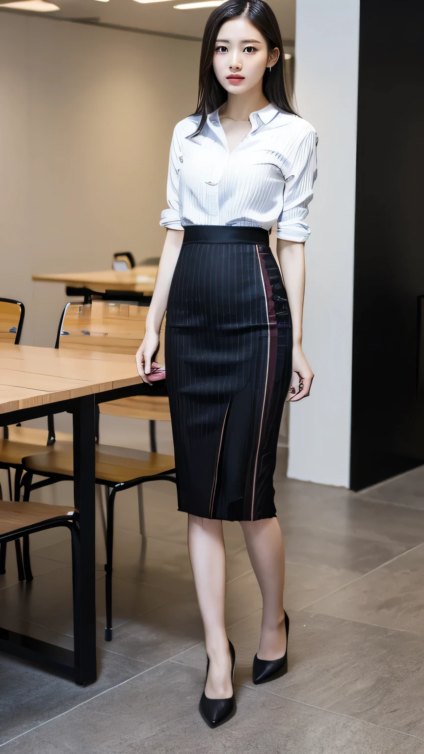 Tabletop,high quality,16K:1.1),( ,((Front body:1.35)), ,Two women standing side by side, ((suit, Black vertical striped pencil skirt )), tights,,(View your audience:1.3),(Full Body Shot:1.2),,The background is the office