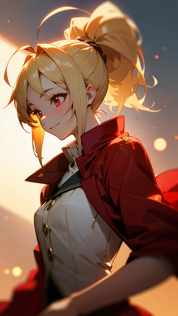 1 Girl、Sharp focus、(Bokeh) (Highest quality) (Detailed skin:1.3) (Intricate details) (anime)、 age、Blonde ponytail、Ahoge、Beautiful red eyes、smile、Red coat、White shirt、Slender body、From the side、Upper body close-up、Golden Hour Sky