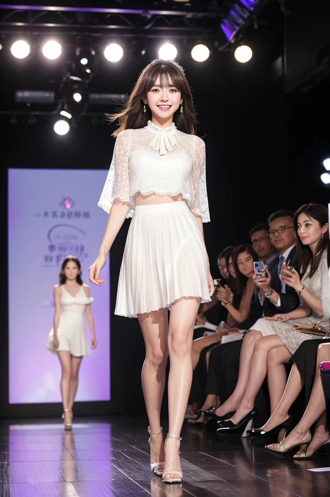 Amazingly large eyes、Smiling expression with white teeth visible、H cup bust、50cm waist、Slender and fair-skinned、Japan woman with long hair、20-year-old、Slim figure、Wearing a pleated skirt and a sheer lace blouse that flutters in the vivid breeze、Wearing high heels。On the runway at a fashion show、Her whole body was shown, from her high heels to her head, as she walked towards the viewer.、Bright, photo-quality images。
