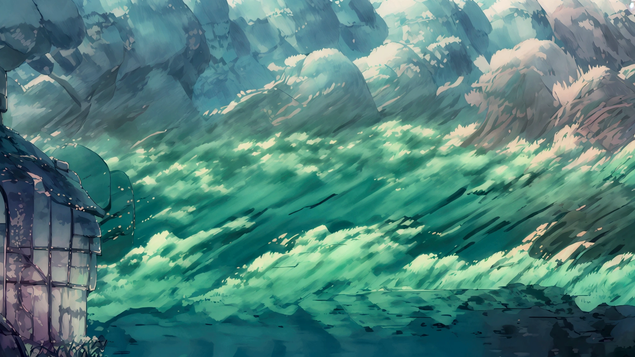 An anime-style image of a young woman journeying through a vast, mysterious world. She is shown walking with a determined expression, carrying a bag and looking out at the endless roads ahead. The background includes diverse landscapes such as mountains, forests, and open skies, depicted with soft, pastel colors to create a dreamy and adventurous mood. The scene captures the essence of adventure, hope, and the excitement of new discoveries. The image should be in a 16:9 aspect ratio.A vast world