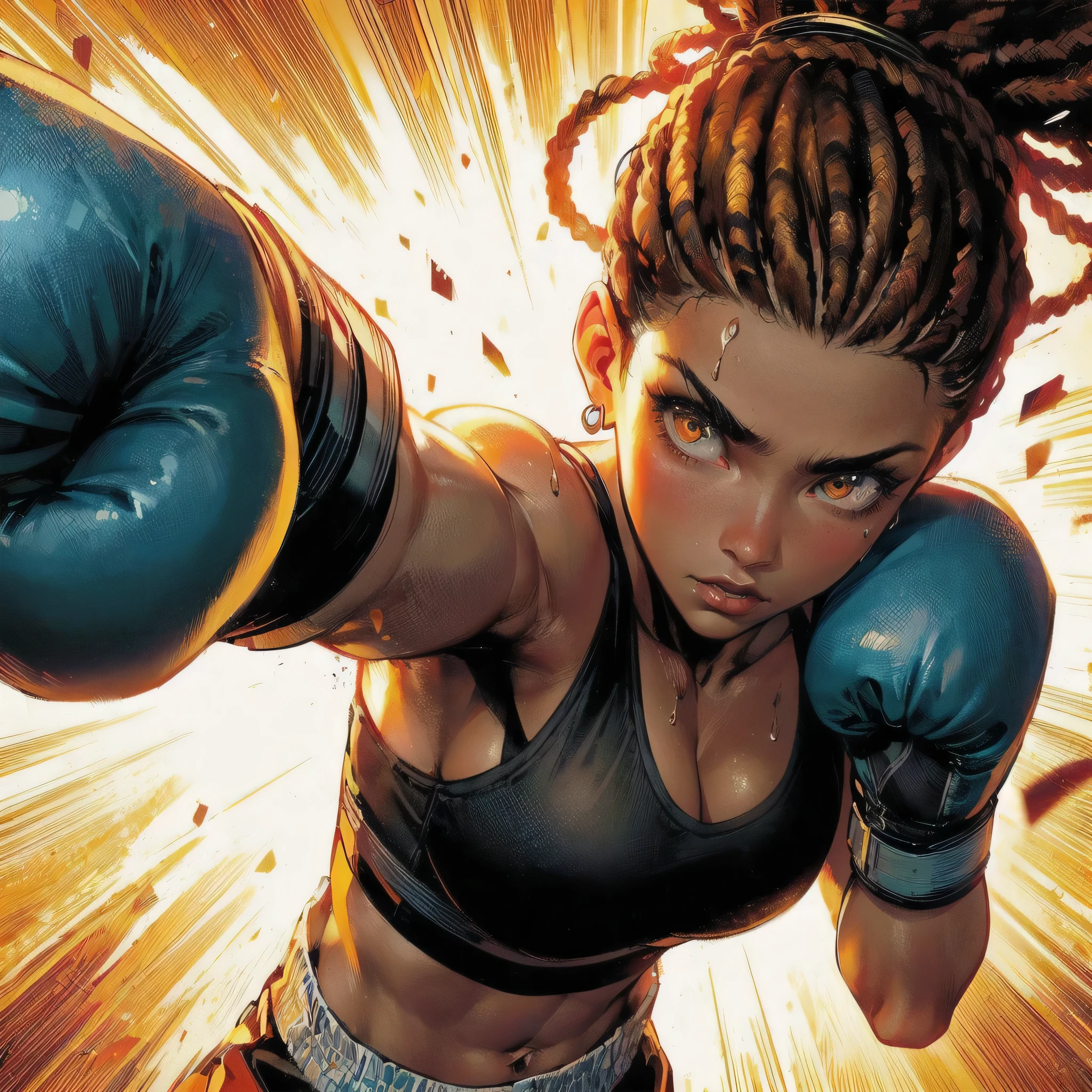 masterpiece, (textured skin), best quality, gorgeous beautiful girl, (a female boxing athlete), detailed clothes,large breasts,narrow waist,, (beautiful face), cinematic lighting, (at boxing venue ),