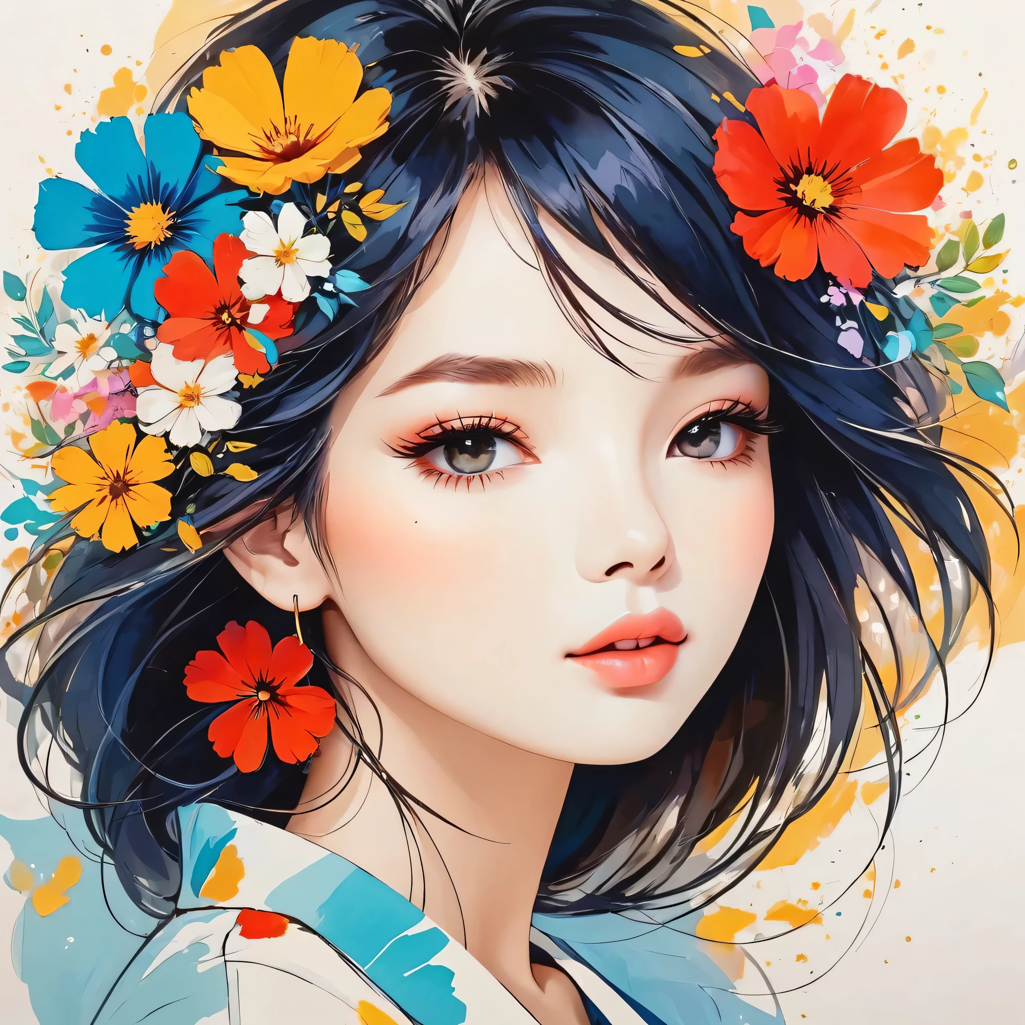 Mika Pikazo style, Simple Line Initialism，Abstract art，Urban Background, colorful flowers ,(((The most beautiful girl of all time))), Sweet face., Lips in love