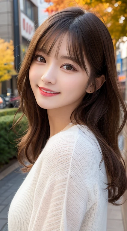Tabletop, Highest quality, figure, Super detailed, In detail, High resolution, 8k wallpaper, Perfect dynamic composition, Beautiful attention to detail, Autumn fashion for women,Wavy Hair,、Natural color lip, Bold sexy pose,smile,Harajuku、20-year-old girl、cute、sexy shot looking at camera