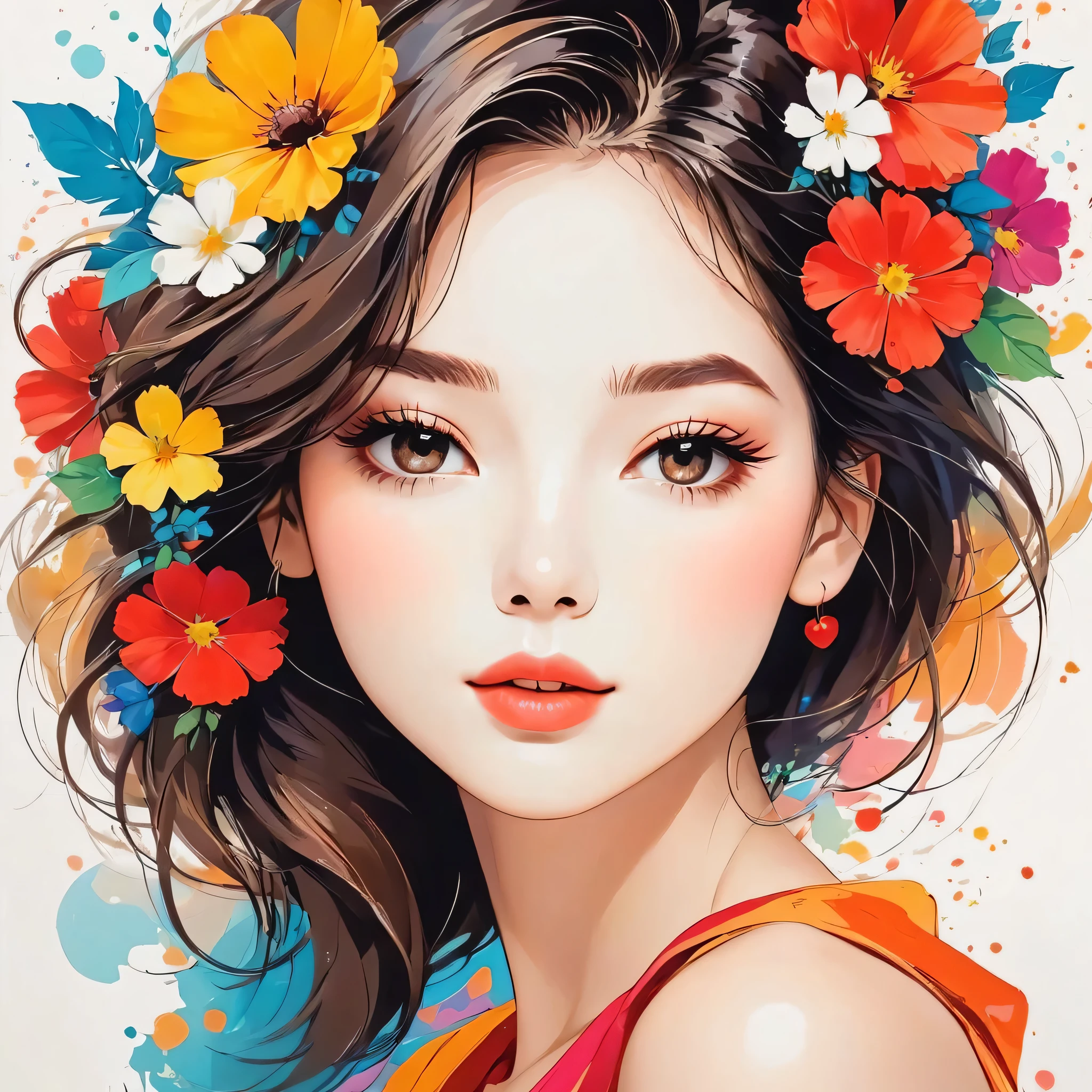 Mika Pikazo style, Simple Line Initialism,Abstract art,Urban Background, colorful flowers ,(((The most beautiful girl of all time))), Sweet face., Lips in love