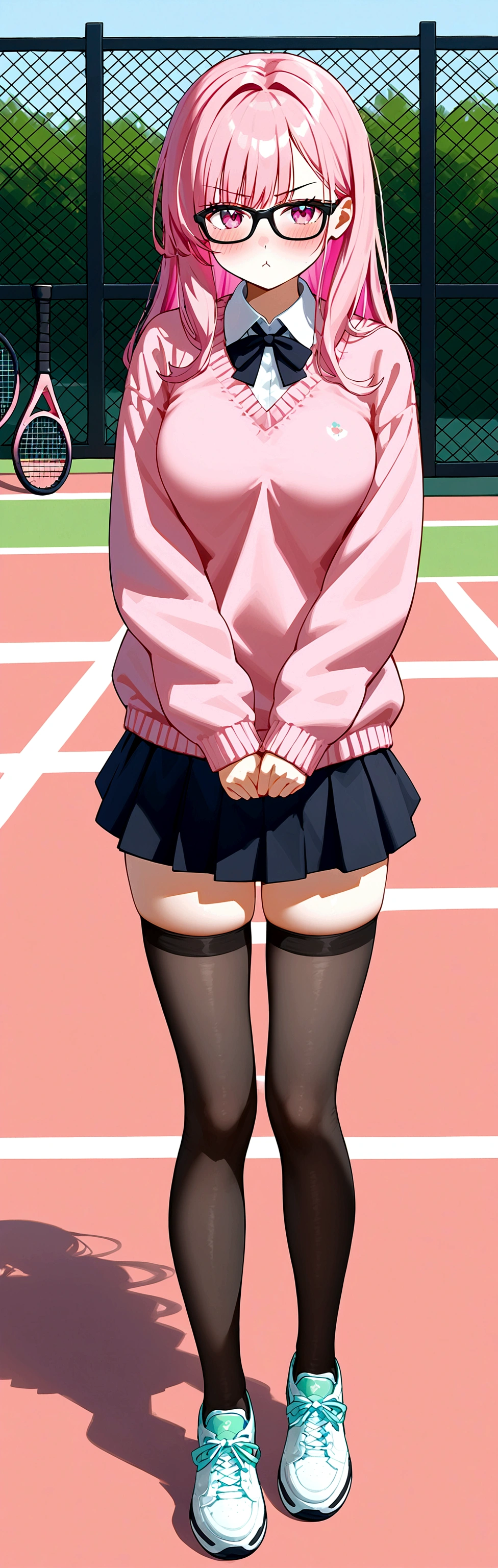 pink hair black glasses pink eyes extremely blushing a big pink sweater short black skirt black stockings white tennis shoes that is a reserved girl that is pouting