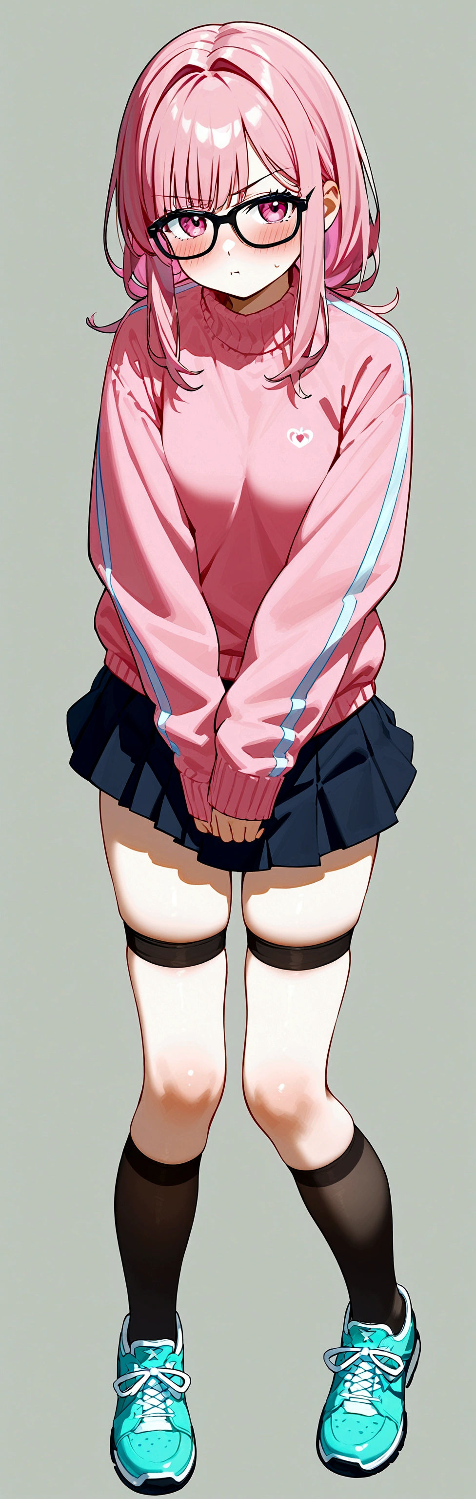 pink hair black glasses pink eyes extremely blushing a big pink sweater short black skirt black stockings white tennis shoes that is a reserved girl that is pouting