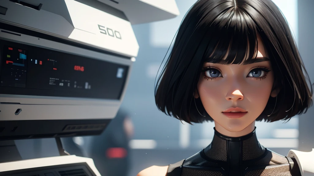 best quality,Perfect masterpiece,perfect work of art,8K, A very detailed beautiful woman, Perfect face,Black Hair, bob cut,Bangs, Gray eyes, Super detailed, delicate face, Pearl Illusion,cyberpunk,fashion trends,3s materials,HD,Detailed performance,C4D,3d,Octane Rendering,Ray tracing,Intricate details,animated lighting,Renderer,8K,