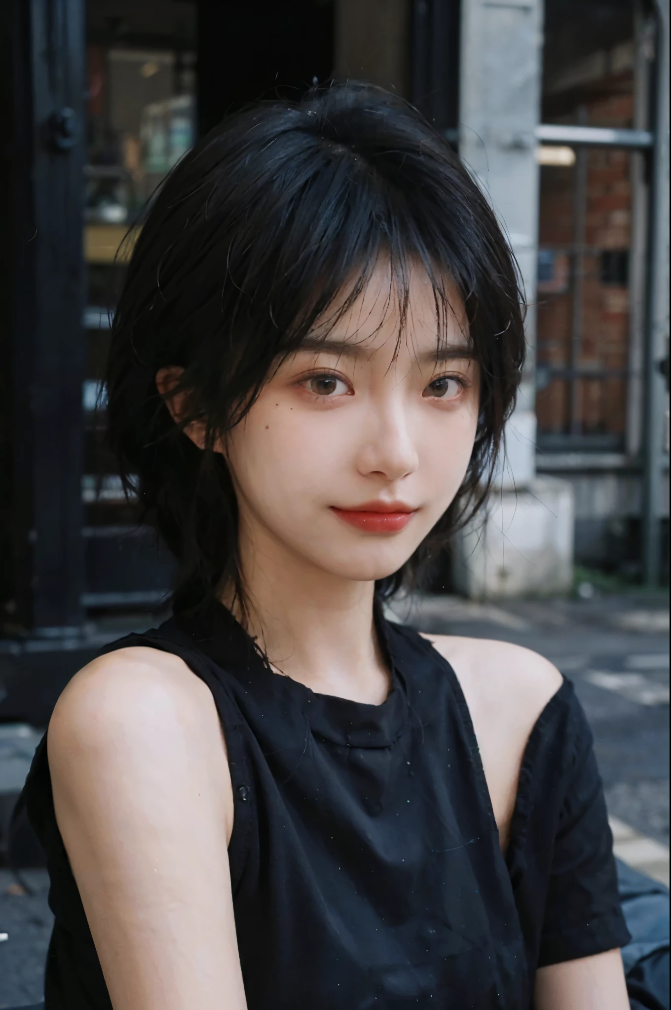(Skin details:1.4), (smooth skin textures:1.3), (Upper body:1.4),(Upper Body:1.3),(Black clothes:1.4),Lipstick, background, earrings, serene, calm, (Realistic and detailed eyes:1.2), Natural skin texture, Realistic facial details, Soft dramatic lighting, Vivid details, 35 mm film, outdoor, (Photo Practical:1.4), (hyper Practical:1.4), (Practical:1.3), (Smoother lighting:1.05), (Improve lighting quality:0.9), (Highest quality real skin textures:1.4), Exquisite eyes, Delicate face, Close-up of face, (Enhance the beauty of skin texture:1.1),0Normal body proportions, short hair, Moles under the eyes, A faint smile,Portrait Photography, Depth of Field, Bokeh, Surrealism, Ray Tracing, (Portrait Photography:1.1), Surrealism, High Detail, Chiaroscuro, Ray Tracing, reflected light, Ultra HD, Ultra HD, masterpiece, Textured Skin, Super Detail, High Detail, high quality, best quality