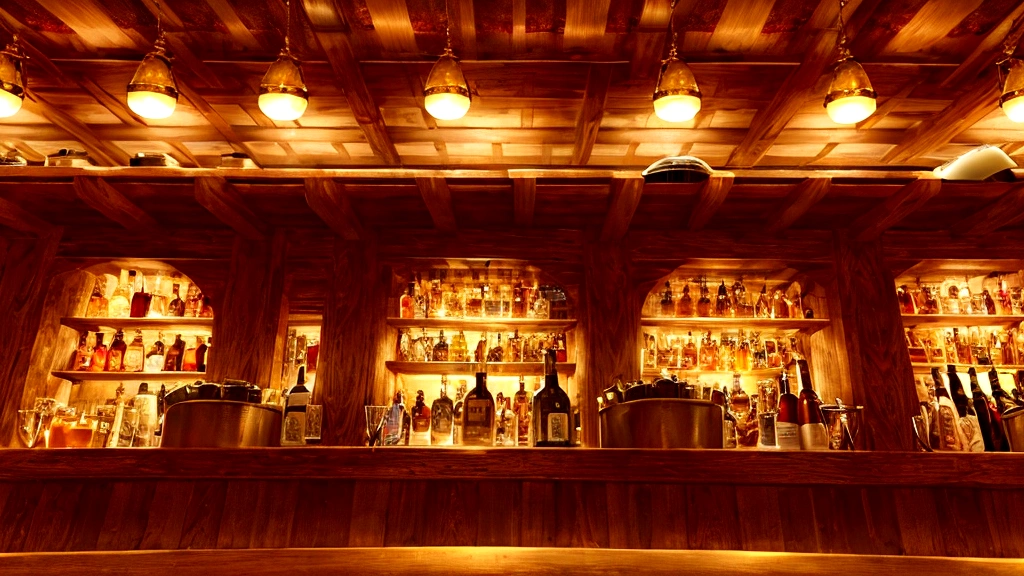 a cozy empty tavern, bartender, (wide side view:1.36), ornate bar counter, inviting atmosphere