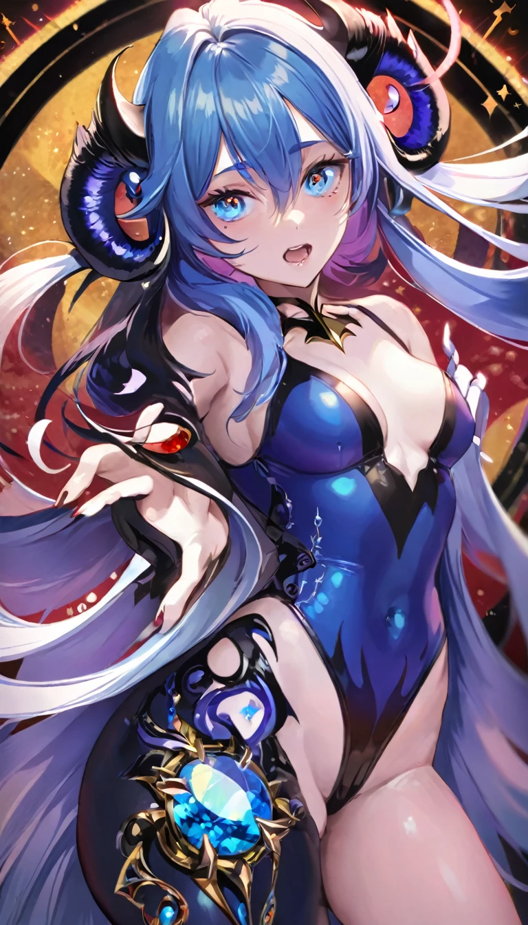 (((highest quality, 8K, masterpiece: 1.3)), ((highest quality)), ((masterpiece)), (detailed), Perfect Face, horn, crazy eyes, Devil's Pupil, Heterochromia of the iris, crazy, yandere, Demon girl with goat horn, Highly decorated bodysuit, Demon World, underground, Dim Light, Blue Hair, Gradient Hair, Crescent-shaped earrings, Queen, Wide open chest, gem, diamond, sapphire, ((My right hand is covered in Inflammation)), inflammation, Hand with long nails, Abnormal