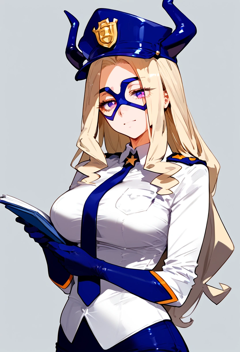 anime artwork, score_9, score_8_up, score_7_up, score_6_up, score_5_up, score_4_up, Mount Lady, blonde hair, purple eyes, big breasts, she is 24 years old, style_3, , , , grey background, policewoman