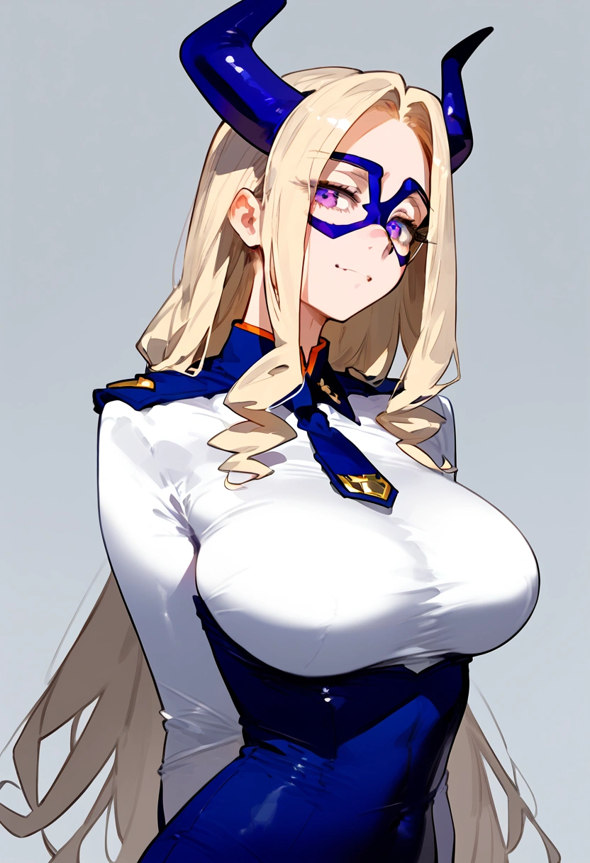 anime artwork, score_9, score_8_up, score_7_up, score_6_up, score_5_up, score_4_up, Mount Lady, blonde hair, purple eyes, big breasts, she is 24 years old, style_3, , , , grey background, policewoman