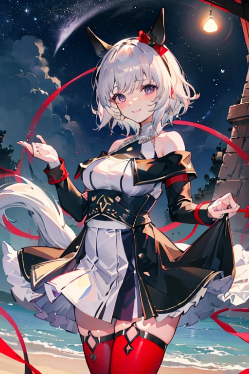 Browsing Caution,Showing nipples,Bare Chest,Uma Musume,,,Curvaceous,Karen Chan,Pull up your skirt,Lift up your skirt yourself,floating,Red ribbon on left ear,short hair of cream color,Plump thighs,Wicked Smile,Red tights,Beautiful night view,Best image quality,Tabletop,Highest quality