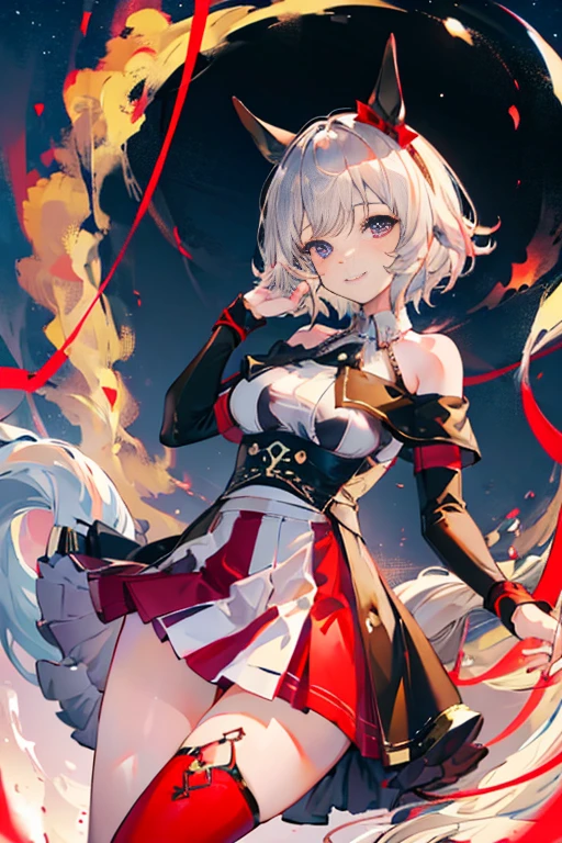 Browsing Caution,Showing nipples,Bare Chest,Uma Musume,,,Curvaceous,Karen Chan,Pull up your skirt,Lift up your skirt yourself,floating,Red ribbon on left ear,short hair of cream color,Plump thighs,Wicked Smile,Red tights,Beautiful night view,Best image quality,Tabletop,Highest quality