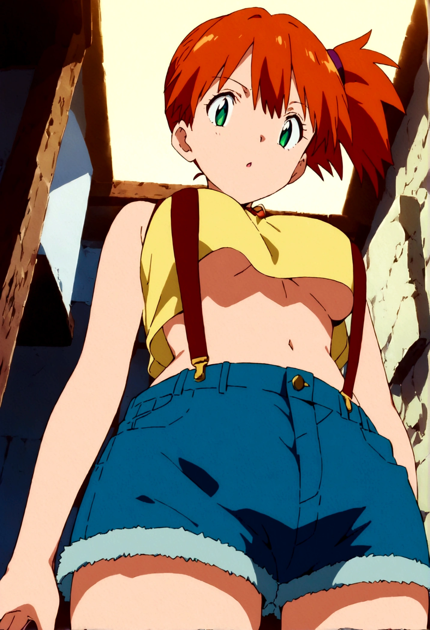 score_9,score_8, score_7_.superior, (from below:1),low angle,(Insect's Eye),(watching at viewer) (mature) , (outcome), One girl, , , Outdoor, Green Eyes, Orange Hair, Side Ponytail, Yellow Shirt, Sleeveless shirt,belly button, Denim shorts, suspenders, Captivating look, Seductive expressions),under_boob,(arms in sides,),great lighting, perfect hands, detailed shadows,anime artwork, anime style, key visual, vibrant, studio anime,
highly detailed, anime coloring, masterpiece, best quality,
best aestethic, absurdres,