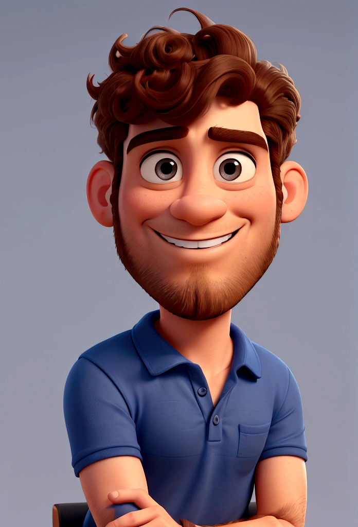 Create a 3D Disney Pixar style image of a 30 year old man, with beard and short curly hair, lightly shaved. He has his arms crossed, wearing a dark blue polo t-shirt. Your face has soft and striking details, with a fixed and defiant look. The position is confident, with a convinced smile on his lips.
