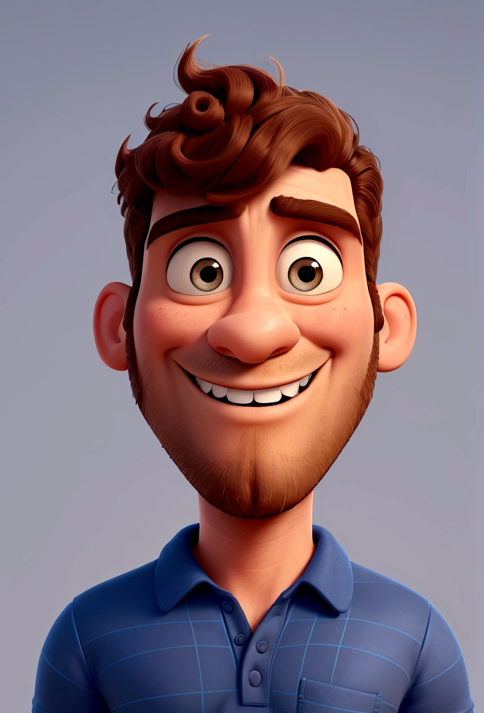 Create a 3D Disney Pixar style image of a 30 year old man, with beard and short curly hair, lightly shaved. He has his arms crossed, wearing a dark blue polo t-shirt. Your face has soft and striking details, with a fixed and defiant look. The position is confident, with a convinced smile on his lips.